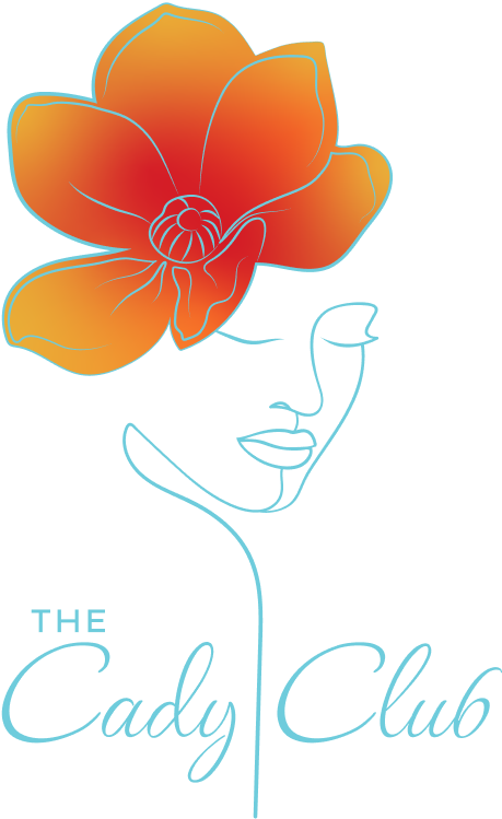 Cady Club logo, silhouette of a woman looking down with an orange flower on her head.