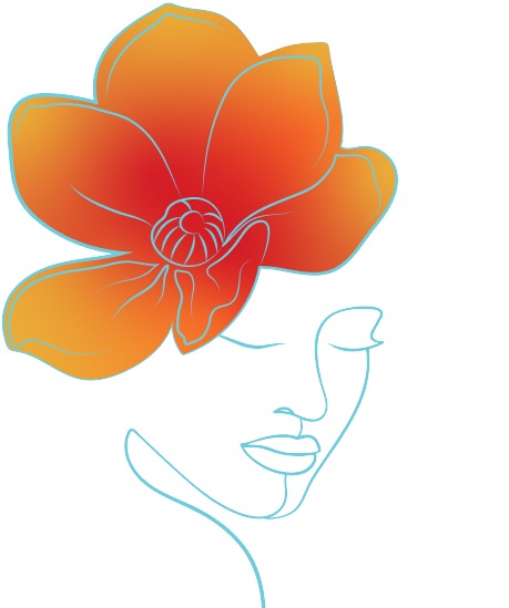 Cady Club logo, silhouette of a woman looking down with an orange flower on her head.